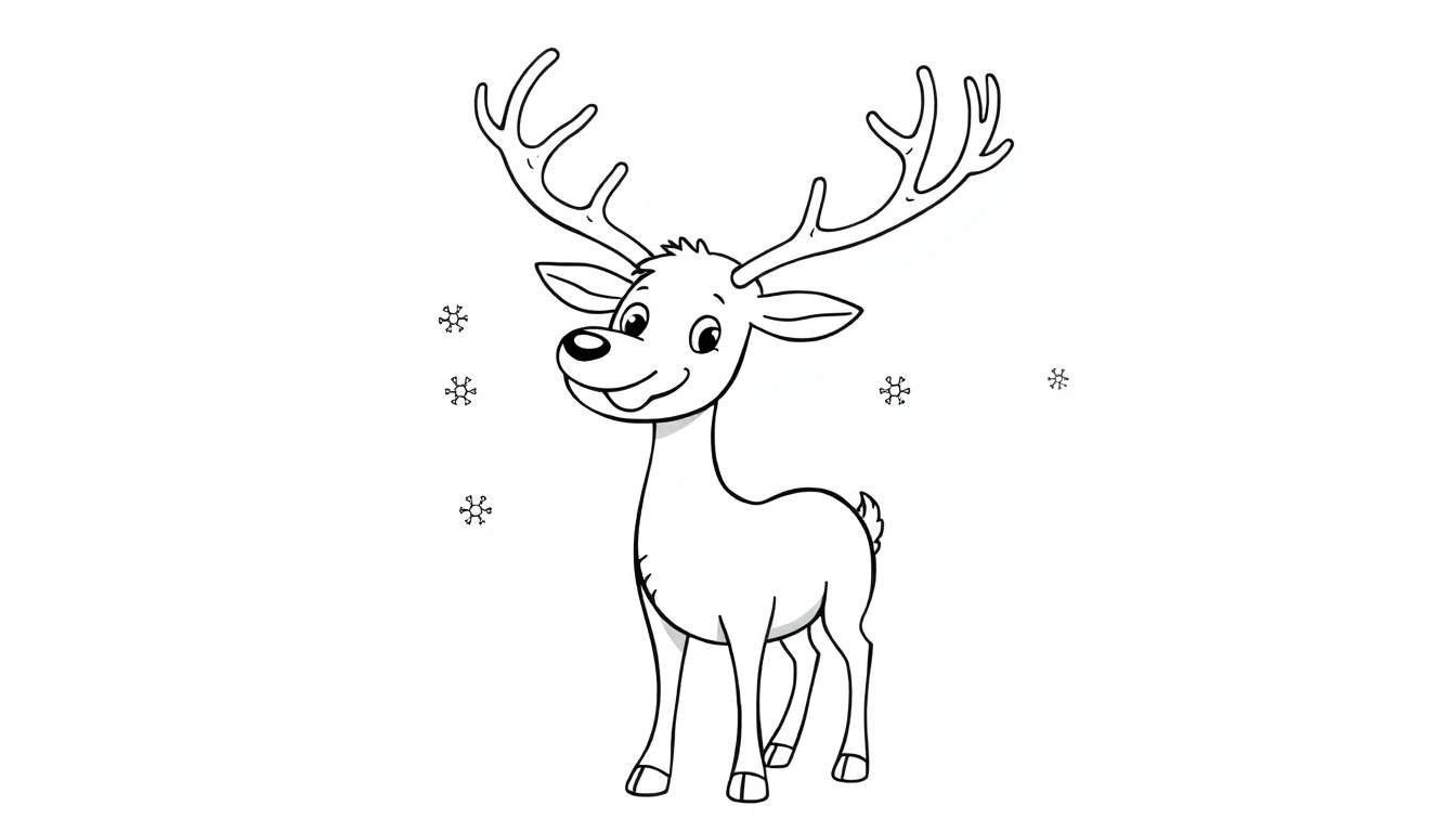 A black and white outline drawing of a cartoon reindeer with big antlers and a smile, surrounded by snowflakes. A fun color panel for kids to enjoy.