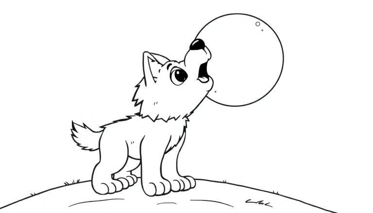 A cute wolf cub howling at the moon, a black and white line drawing suitable for a color panel.