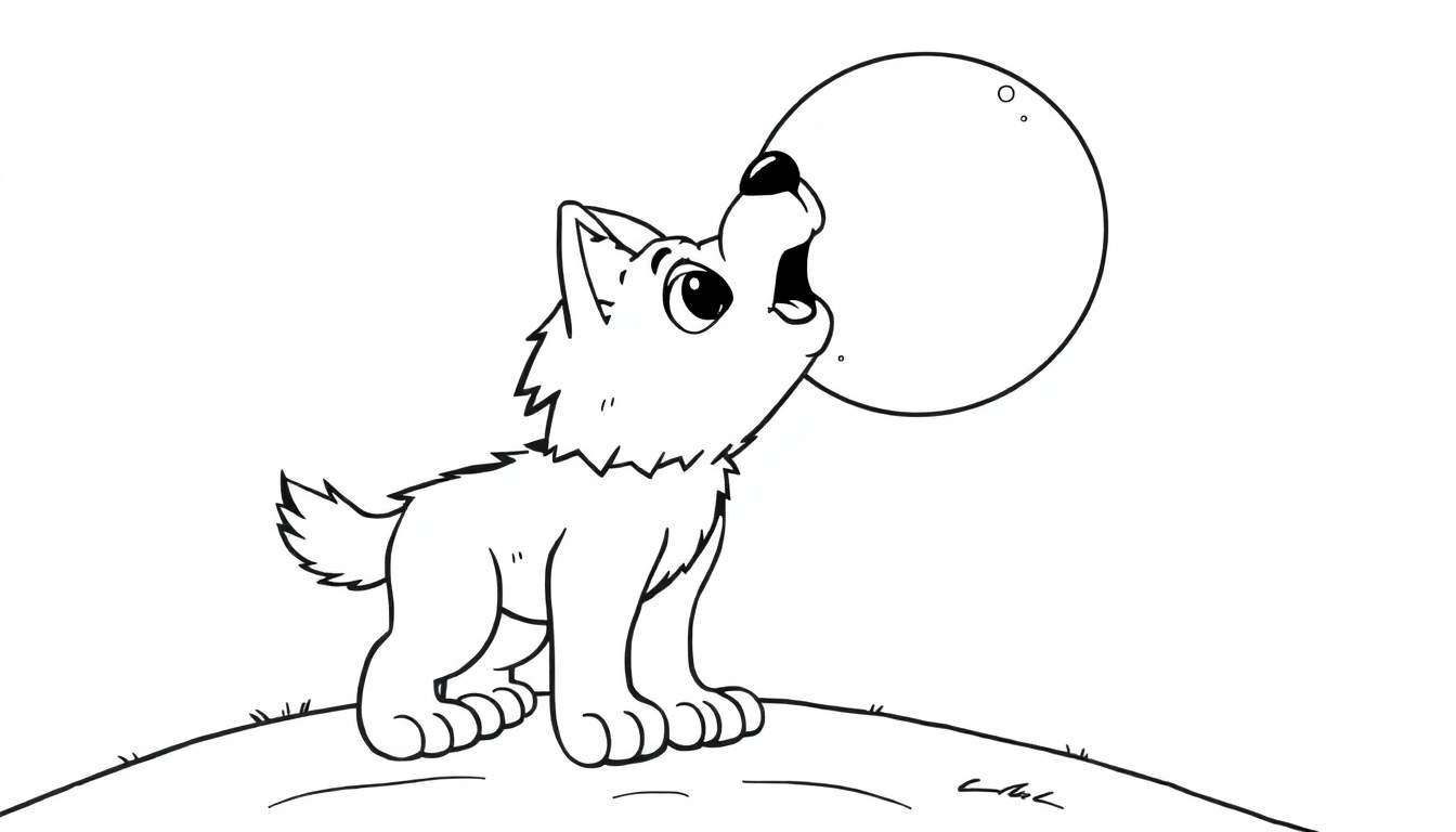 A cute wolf cub howling at the moon, a black and white line drawing suitable for a color panel.