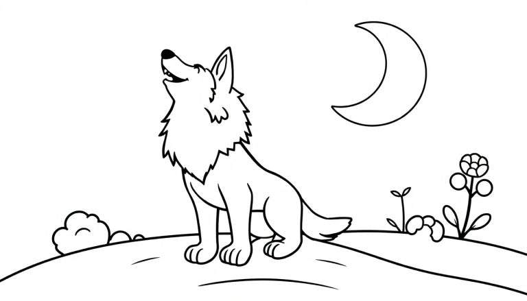 A friendly black and white cartoon wolf howling at a crescent moon, ready for a color panel.