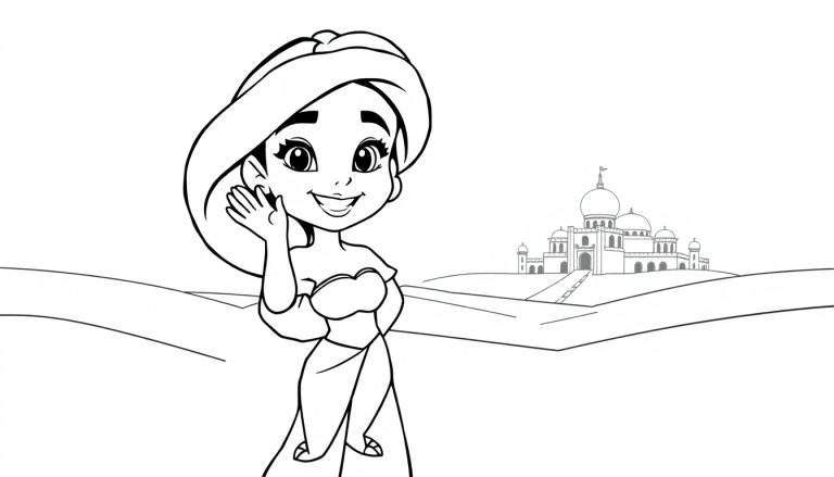 Princess Jasmine illustration for a color panel, waving hello with a smile, Agrabah palace in the background.