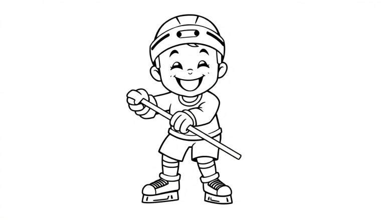 A happy young hockey player in black and white, ready to play, on a color panel.
