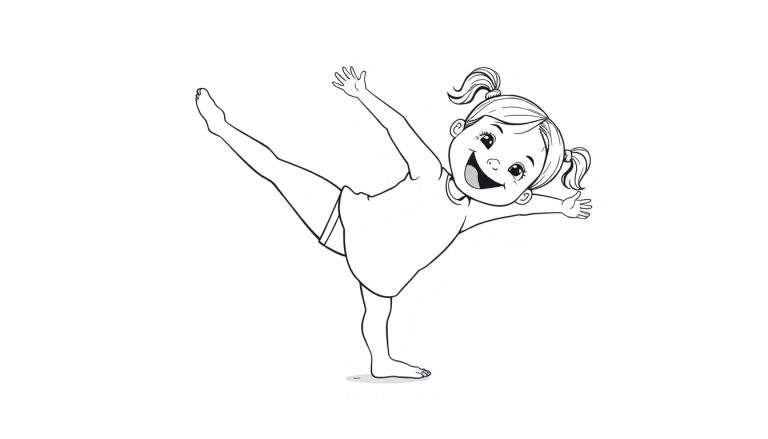 A cute girl in a black and white color panel drawing, balancing on one leg with the other extended high, arms out, smiling widely.