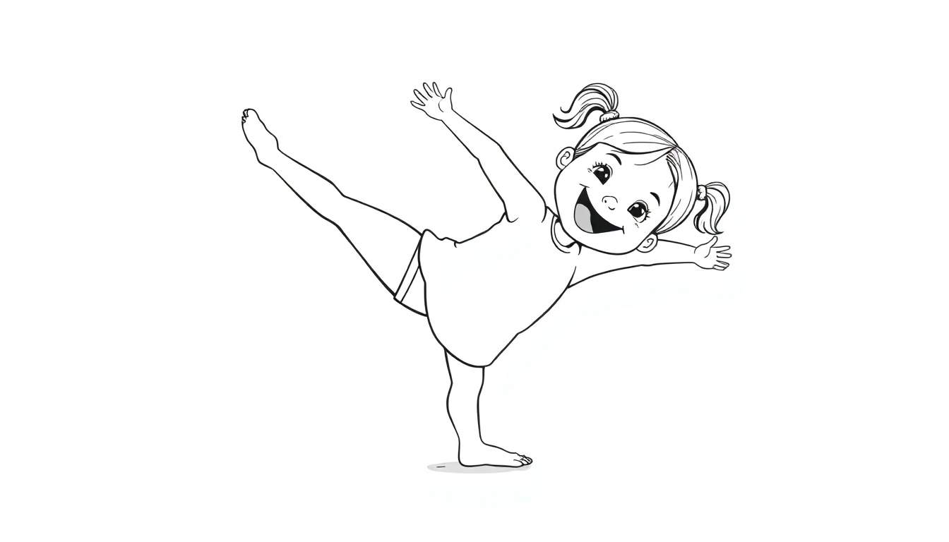 A cute girl in a black and white color panel drawing, balancing on one leg with the other extended high, arms out, smiling widely.