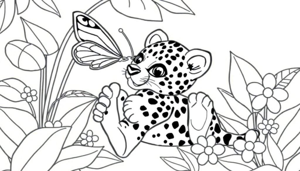 A cute baby jaguar coloring panel with spots and a butterfly on its nose.