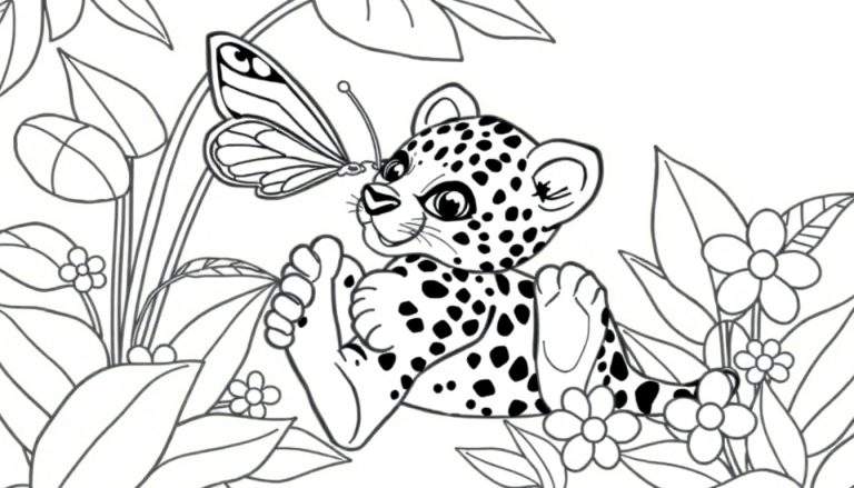 A cute baby jaguar coloring panel with spots and a butterfly on its nose.