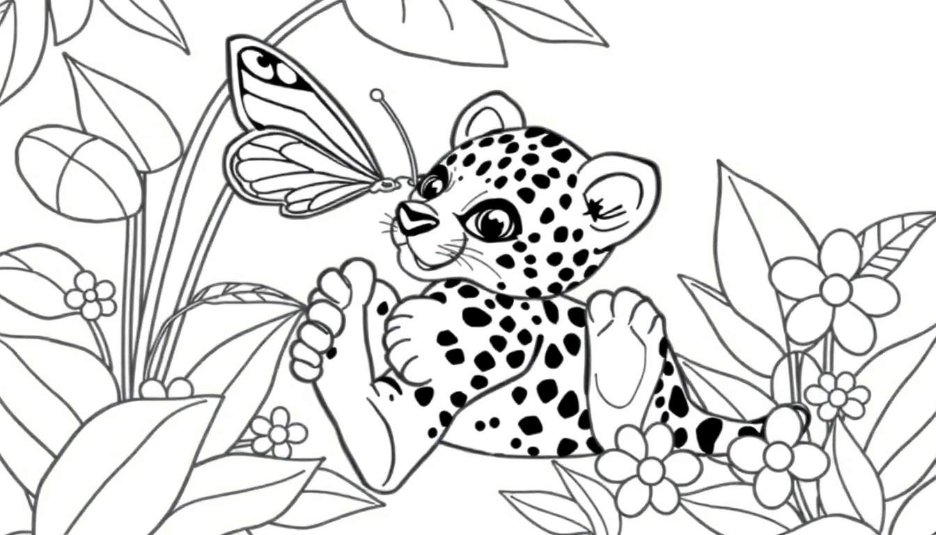 A cute baby jaguar coloring panel with spots and a butterfly on its nose.