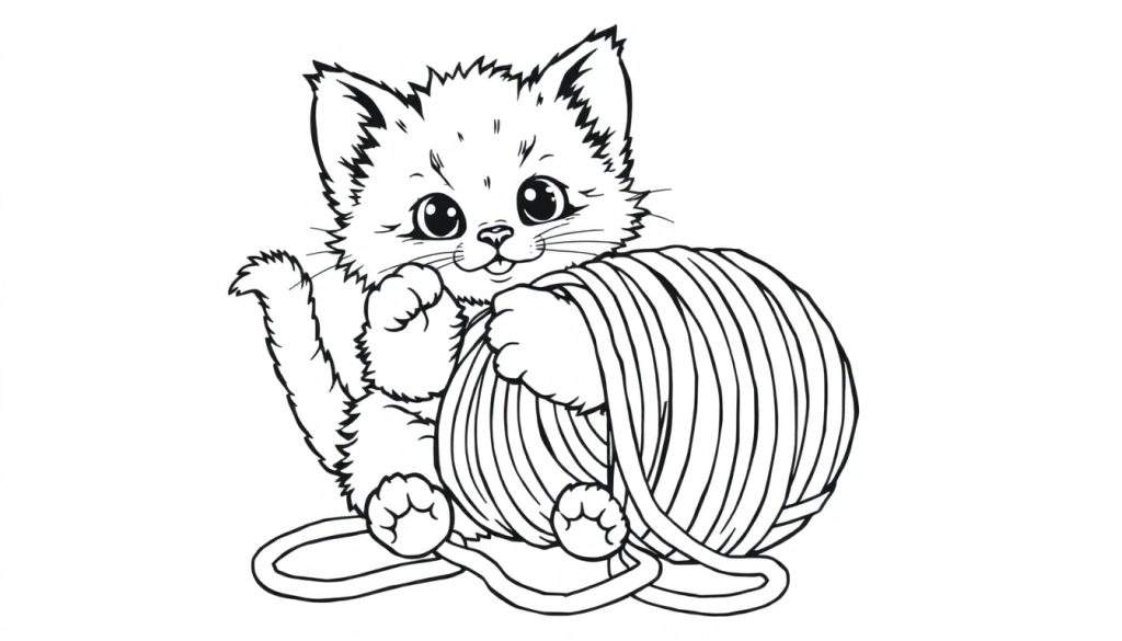 A cute cartoon kitten, ready for a color panel, plays with a ball of yarn.
