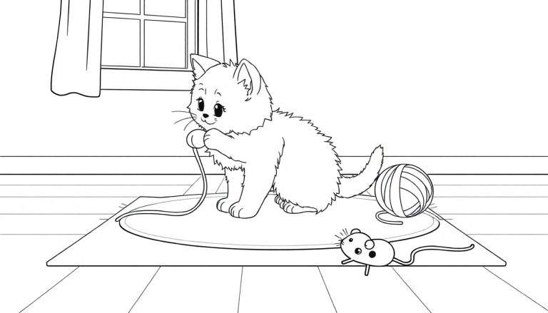 A black and white color panel of a cute kitten playing with yarn and a mouse.