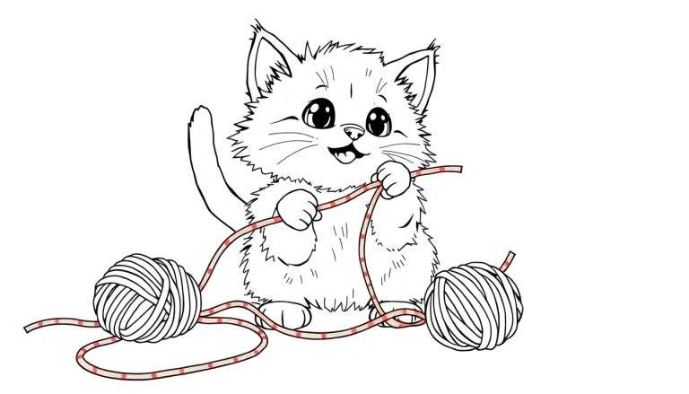 A cute cartoon kitten holding striped yarn, ready for a color panel activity.