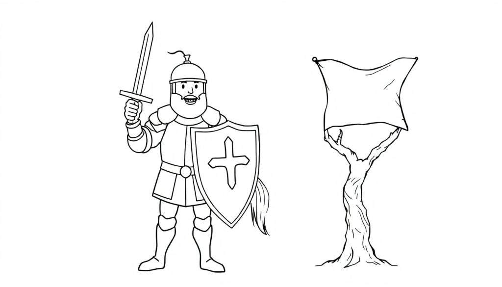 A brave knight and a banner-holding tree creature in a black and white color panel.
