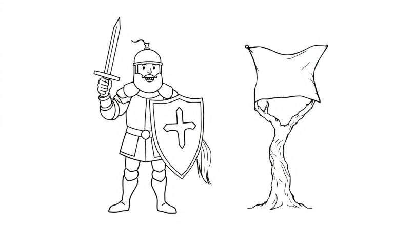A brave knight and a banner-holding tree creature in a black and white color panel.