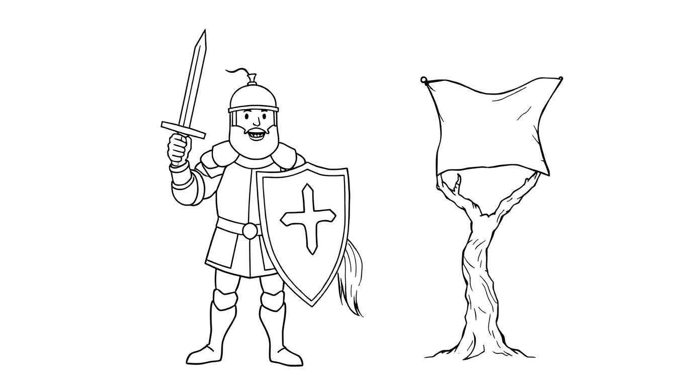 A brave knight and a banner-holding tree creature in a black and white color panel.