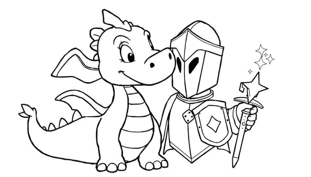 A black and white color panel showing a cute, friendly cartoon dragon and a knight ready for adventure.