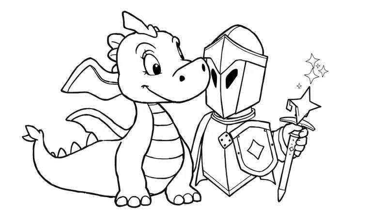 A black and white color panel showing a cute, friendly cartoon dragon and a knight ready for adventure.