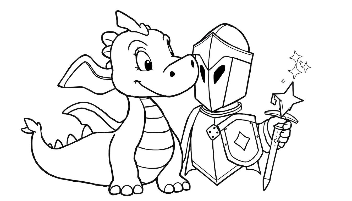 A black and white color panel showing a cute, friendly cartoon dragon and a knight ready for adventure.