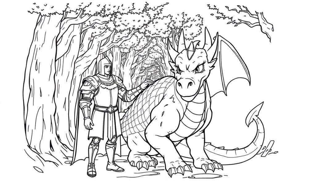 A knight and dragon coloring panel.