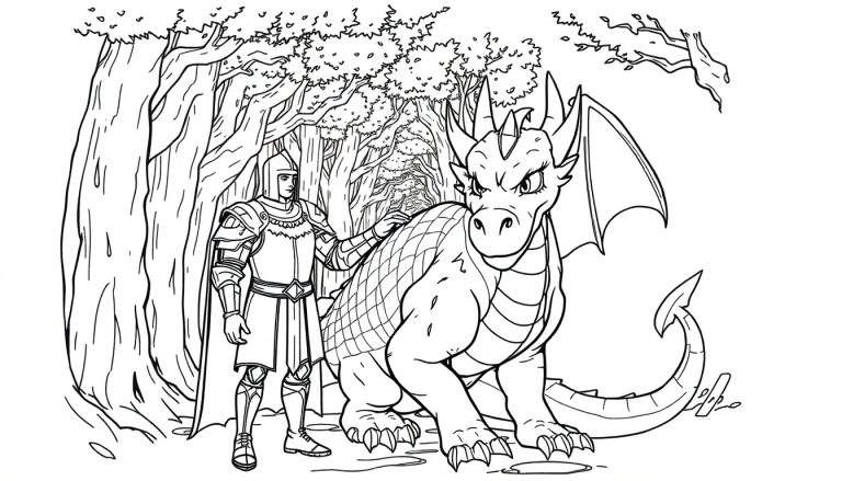 A knight and dragon coloring panel.