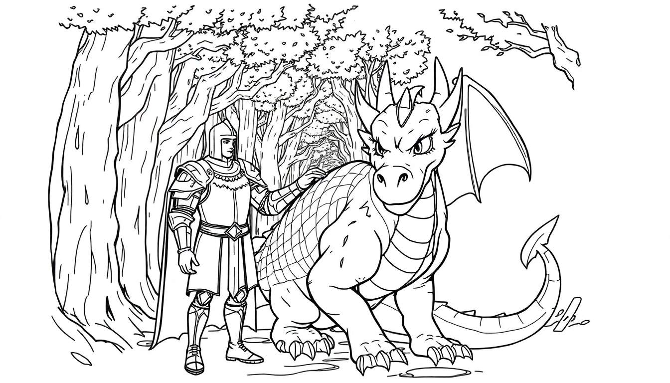 A knight and dragon coloring panel.