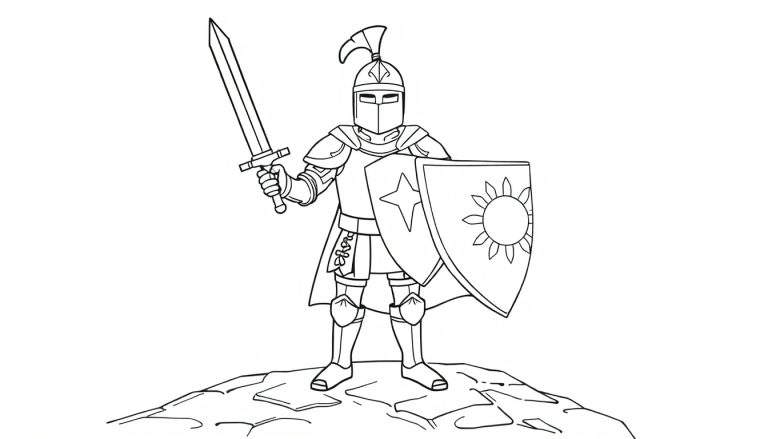 A brave knight in black and white armor, holding a sword and shield with a sun symbol, on a rocky mound, ready for adventure on a color panel.