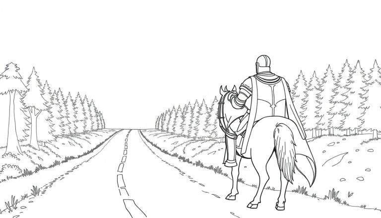 Knight on horseback in a forest, black and white line art color panel.