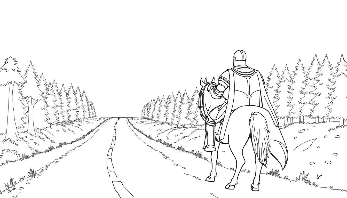 Knight on horseback in a forest, black and white line art color panel.
