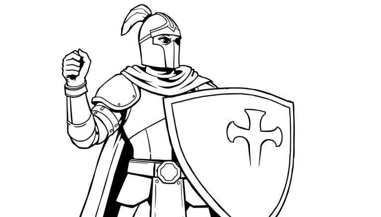A black and white line drawing of a knight in armor, ready for action, for a color panel.
