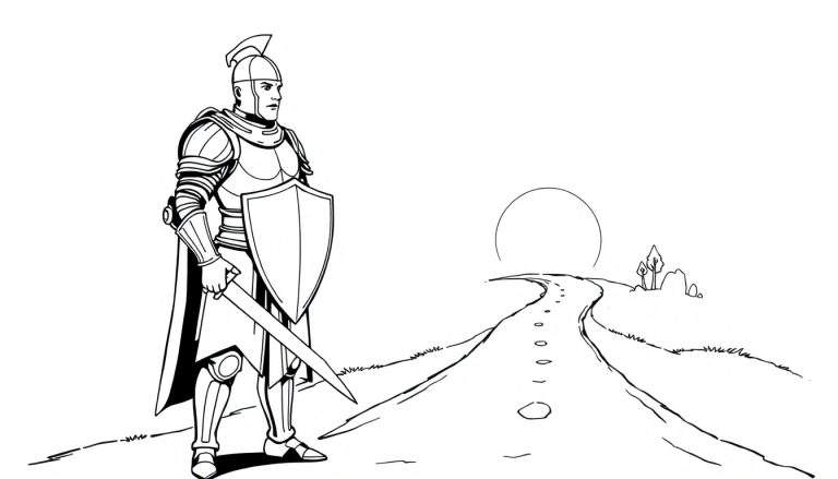 A knight in armor with a shield and sword stands by a road, part of a black and white color panel.