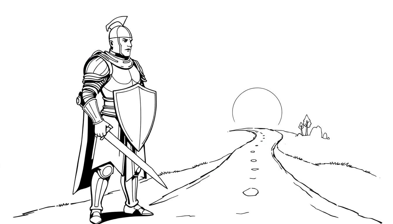 A knight in armor with a shield and sword stands by a road, part of a black and white color panel.