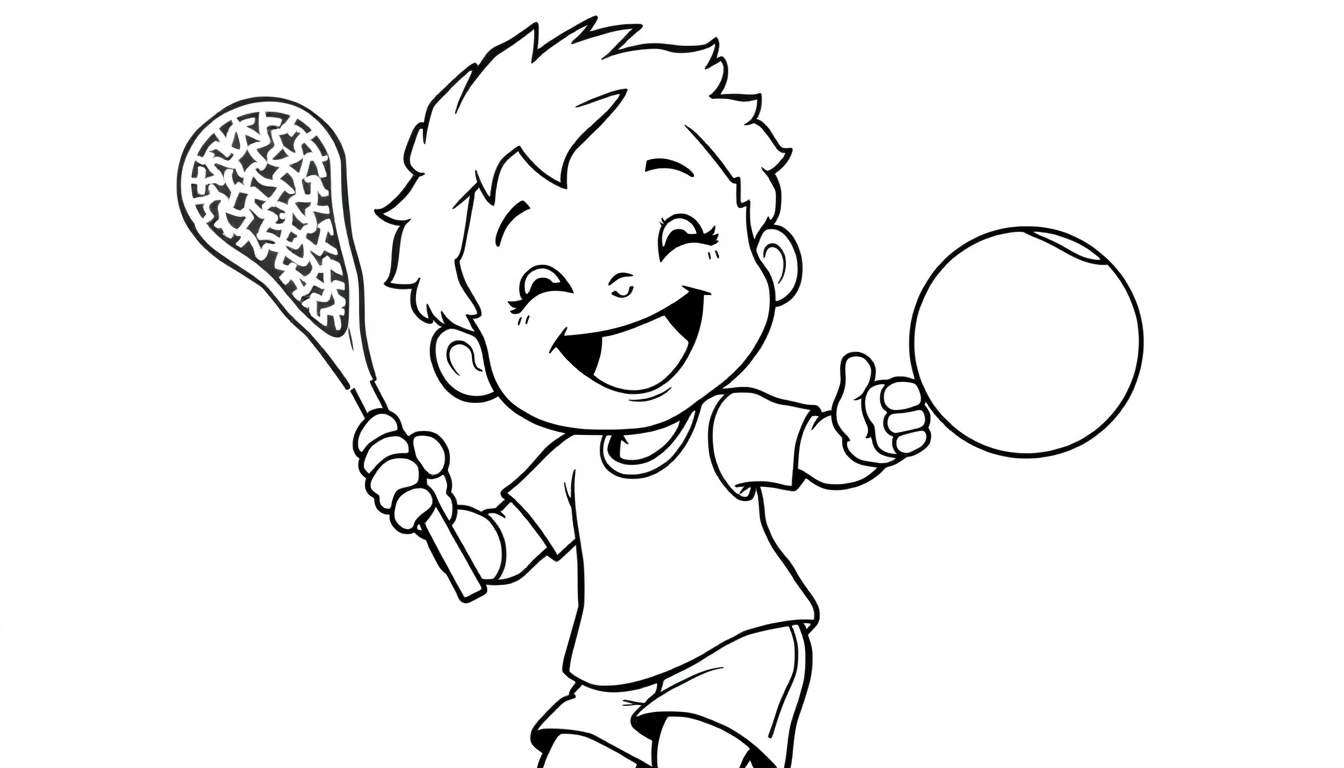 A happy boy with a missing tooth gives a thumbs-up while holding a lacrosse stick and ball, ready for a color panel.