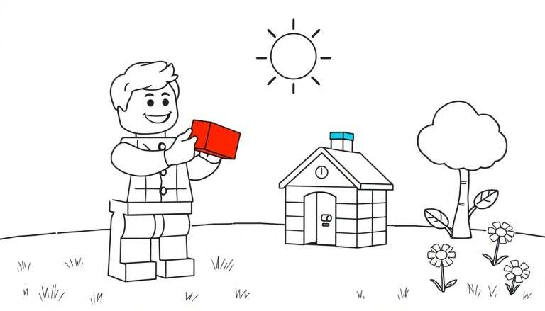 A Lego minifigure holding a red brick, with a Lego house and a sun, a color panel for kids.