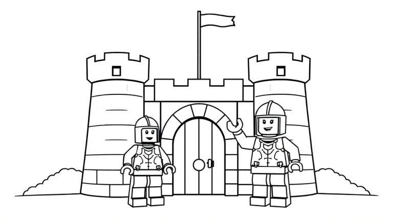 A black and white color panel drawing of a Lego castle with two smiling Lego knights in front, ready for coloring.