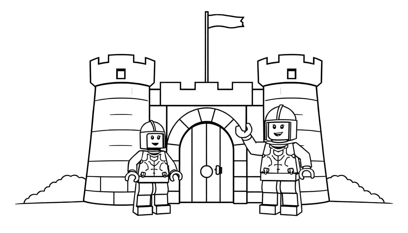 A black and white color panel drawing of a Lego castle with two smiling Lego knights in front, ready for coloring.