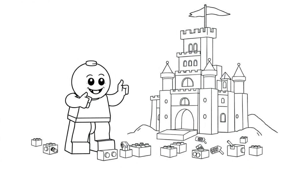 A smiling Lego character giving a thumbs-up next to a Lego castle, ready for a color panel.