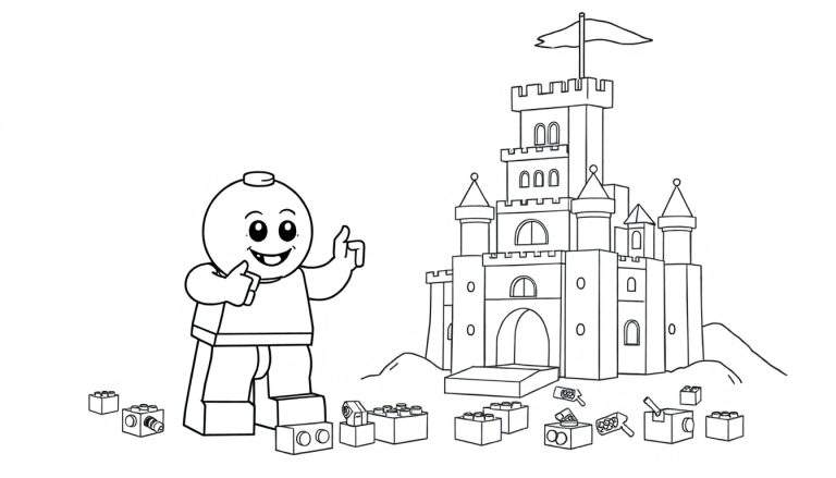 A smiling Lego character giving a thumbs-up next to a Lego castle, ready for a color panel.