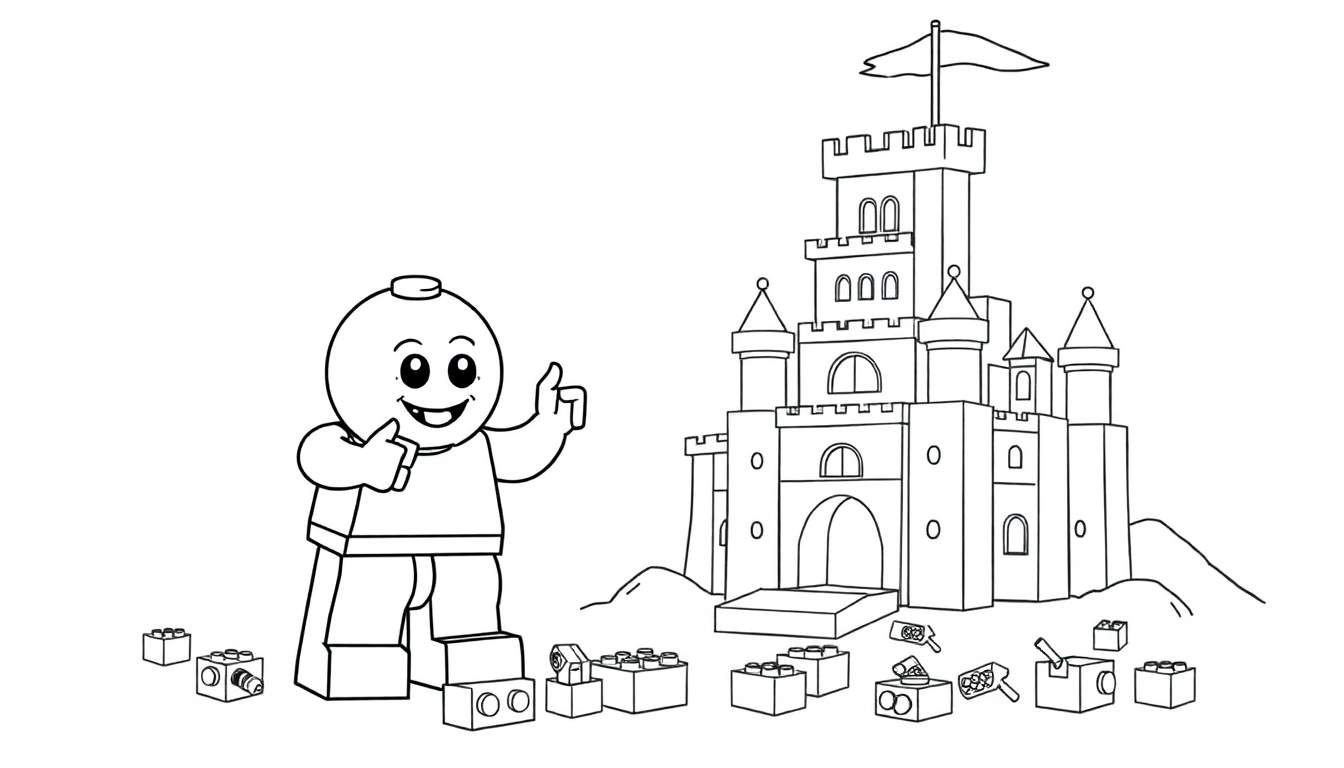 A smiling Lego character giving a thumbs-up next to a Lego castle, ready for a color panel.