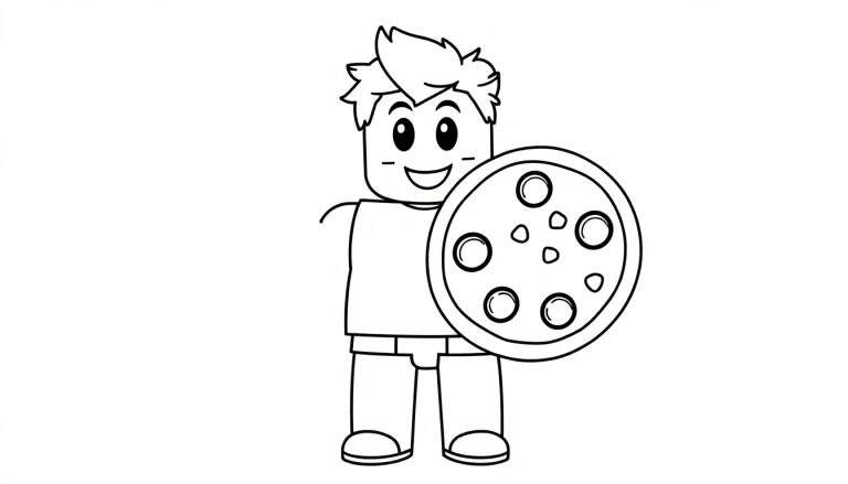 A black and white cartoon of a Lego-like character holding a shield, ready for the color panel.
