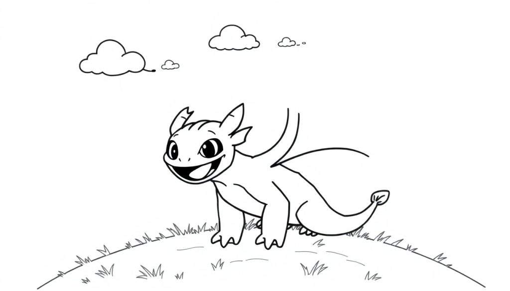 A black and white cartoon drawing of a Light Fury dragon standing on a grassy hill, ready to be colored. This is a great color panel!