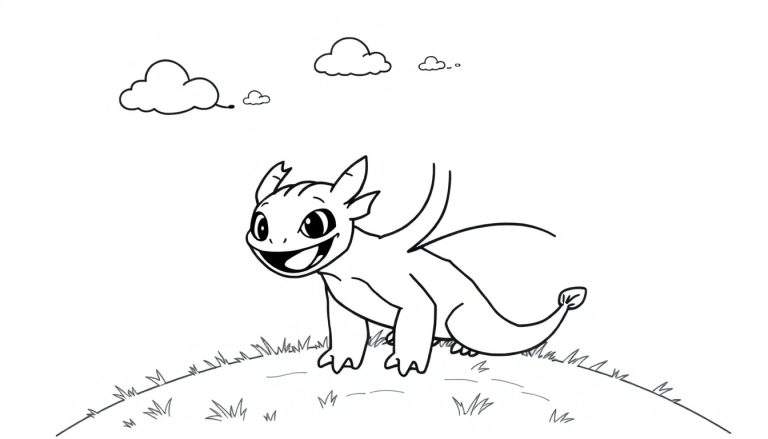 A black and white cartoon drawing of a Light Fury dragon standing on a grassy hill, ready to be colored. This is a great color panel!