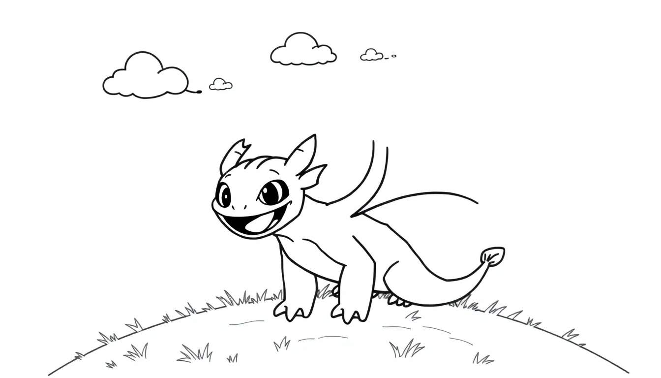 A black and white cartoon drawing of a Light Fury dragon standing on a grassy hill, ready to be colored. This is a great color panel!