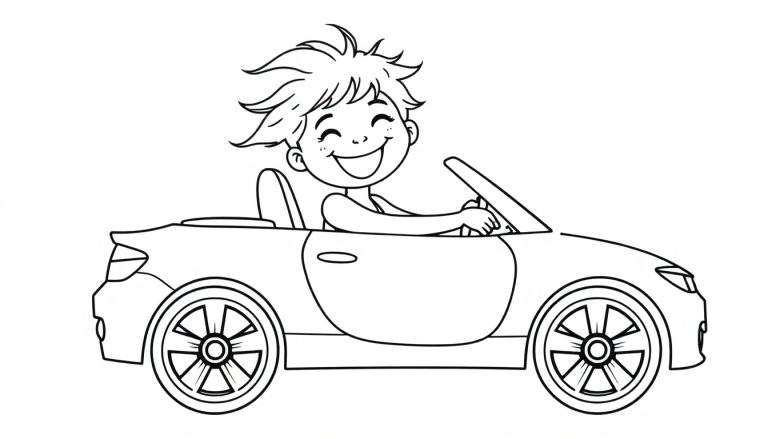 A happy child driving a convertible car in a black and white color panel.