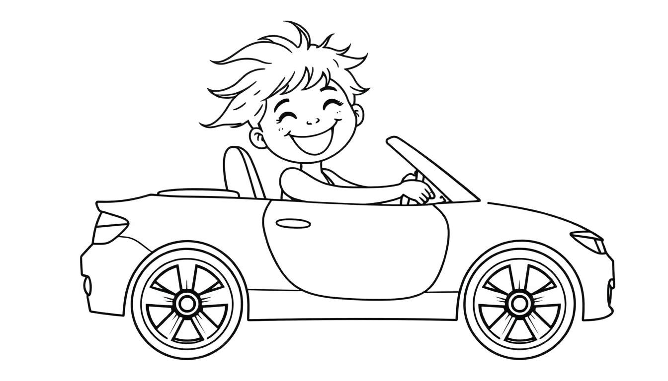 A happy child driving a convertible car in a black and white color panel.