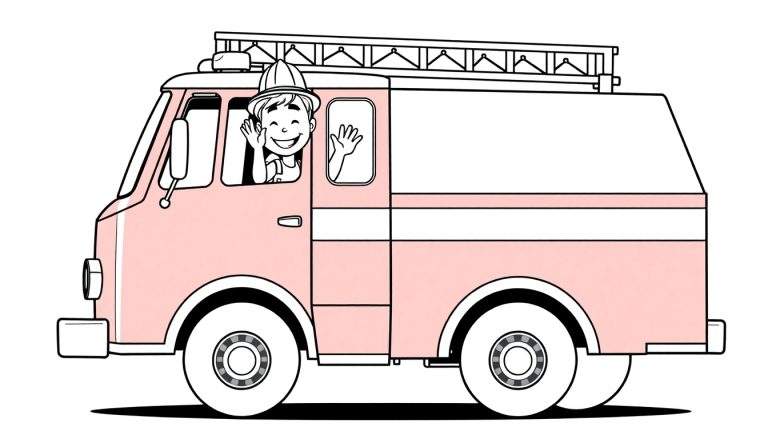 A smiling child in a fireman's hat drives a pink fire truck, ready for color panel fun.