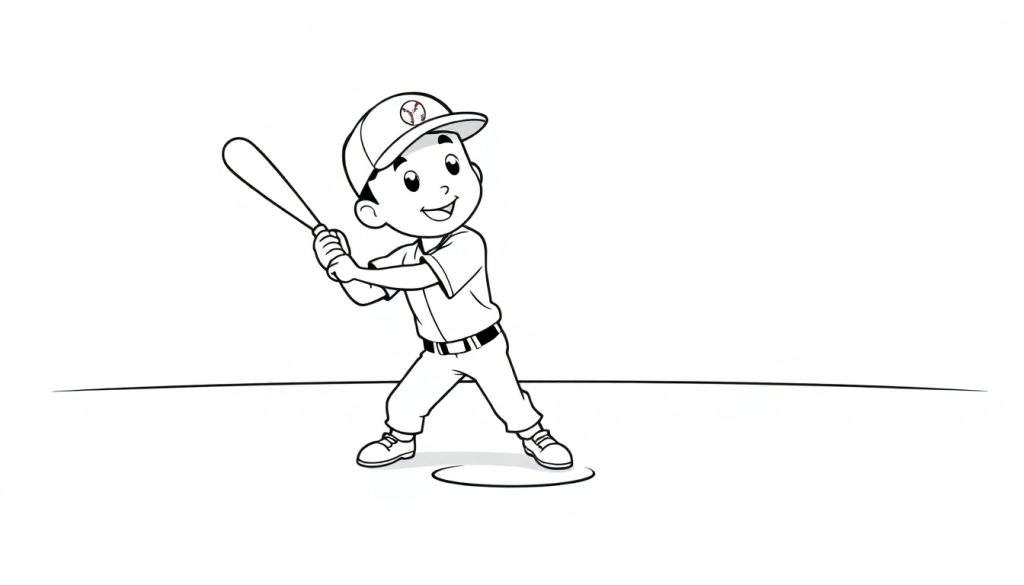 A cute cartoon boy in a baseball uniform ready to swing a bat on a baseball field, designed as a black and white color panel.
