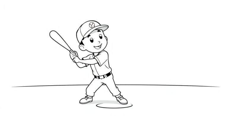A cute cartoon boy in a baseball uniform ready to swing a bat on a baseball field, designed as a black and white color panel.