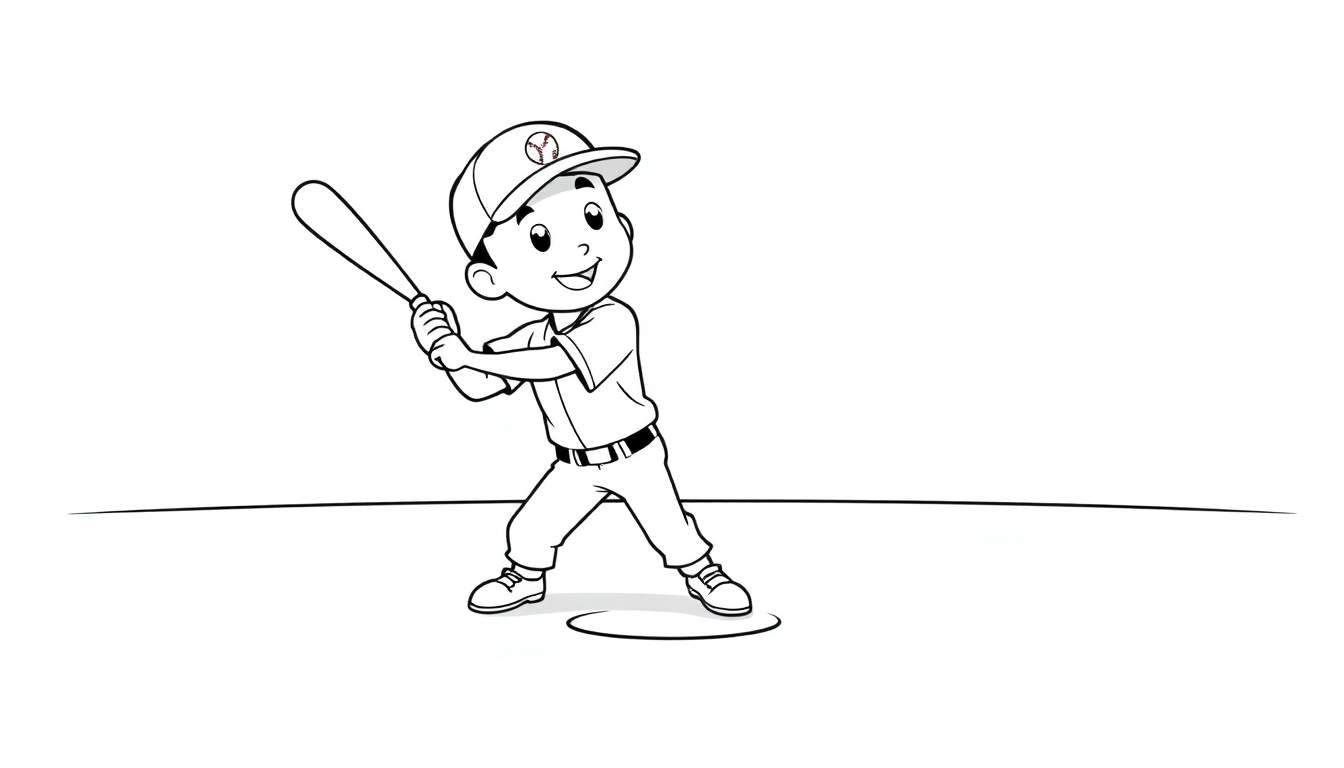 A cute cartoon boy in a baseball uniform ready to swing a bat on a baseball field, designed as a black and white color panel.