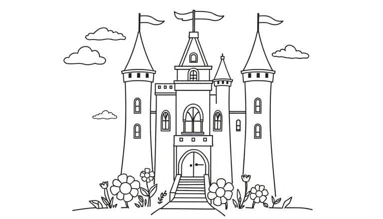 A cute black and white outline of a fairy tale castle, perfect for a color panel adventure.