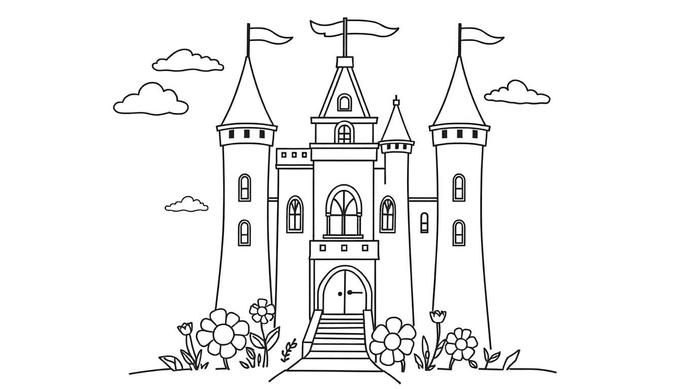A cute black and white outline of a fairy tale castle, perfect for a color panel adventure.