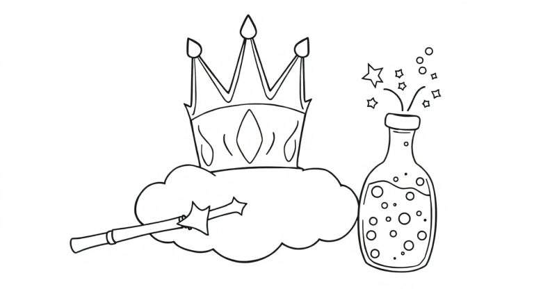 A whimsical black and white coloring page featuring a magical crown, a shining wand, and a sparkly potion bottle for little hands to decorate, a delightful color panel.