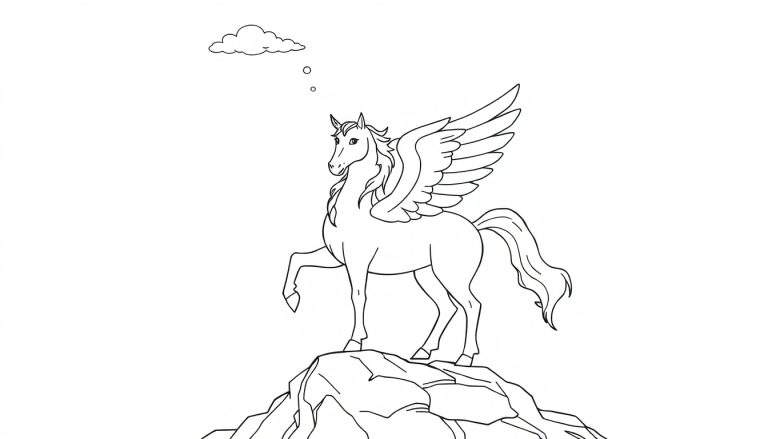 A black and white line drawing of a Pegasus with spread wings on a rocky peak, ready for its color panel.